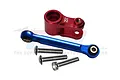 GPM Racing red aluminium 25T servo horn, blue tie rod, and three metal screws on a white background.