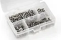 A clear plastic compartment box filled with various sizes of stainless steel RC screws, nuts, and washers.