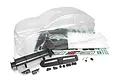 Clear, unpainted polycarbonate body shell for the Maverick Quantum RX RC rally car, including a black rear wing, plastic accessories, and a decal sheet.