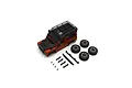 Kyosho Mini-Z Land Rover Defender body shell in orange with black roof rack, four wheels, and small mounting hardware on a white background.