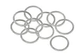 A collection of ten thin, silver-coloured metal shim washers scattered on a white background.