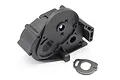 A black plastic HPI V2 gearbox case set with a separate metal motor plate on a white background.
