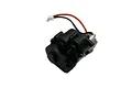 A black plastic RC reduction gearbox with an attached electric motor and red and black power wires against a white background.