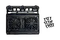 A black plastic 1/10 scale RC radiator assembly accessory by Pandora RC, featuring dual cooling fans and a set of mounting screws.