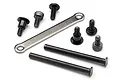 HPI Micro RS4 Front Brace Set including a metal brace, two long pins, and various black screws on a white background.