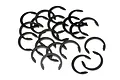 A pile of twenty black metal C-clips or E-clips for RC car maintenance.