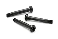Three black metal shoulder screws with binder heads arranged on a white background.