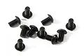 A group of ten black metal button head screws scattered on a white background.