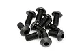 A small pile of ten black metal button head screws with hexagonal drive sockets.