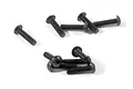 A collection of ten black metal button head screws with fine threads scattered on a white background.
