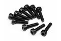 A group of ten black metal cap head screws with hex sockets, arranged on a white background.