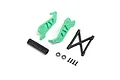Losi green wheelie bar set components including two green plastic side plates, a black frame, a black tube, two ball bearings, and four small screws.