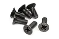 A group of six black metal countersunk screws with Phillips heads arranged on a white background.