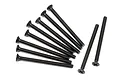 A set of ten black metal countersunk head screws with fine threading, arranged in a fan pattern on a white background.