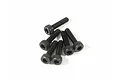A small pile of six black metal cap head screws for RC cars on a white background.