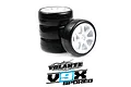 A set of four Volante 1/10 scale V9X Evolution 32R rubber touring car tyres pre-mounted on white spoked plastic rims.
