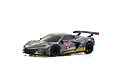 A studio shot of a Kyosho Mini-Z Chevrolet Corvette C8.R pre-painted body shell in gunmetal grey with yellow racing stripes and number 4 decals.