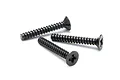 Three black metal countersunk head screws with coarse threads arranged on a white background.
