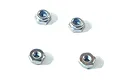 Four small silver metal nyloc nuts arranged on a white background.