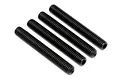 Four black metal grub screws with fine threading arranged diagonally on a white background.