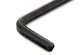 A close-up view of a black metal L-shaped hex wrench on a white background.