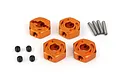 Four orange anodized aluminium 12mm wheel hexes with four steel pins and four black grub screws on a white background.