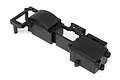Black plastic HPI Racing radio tray set for RC cars, featuring two enclosed compartments and mounting points on a white background.