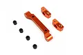 HPI Racing orange anodized aluminium front hinge pin brace set with four small black rubber bushings on a white background.
