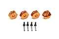 Four orange anodized aluminium 12mm wheel hexes with matching screws and pins on a white background.