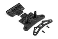 HPI Racing RS4 Sport 3 bumper set including plastic bumper mounts, support brace, and two small screws on a white background.