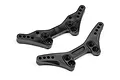 Two black plastic shock towers for HPI RS4 Sport 3 RC car, shown from different angles on a white background.