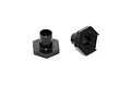 Two black aluminium wheel hex hubs for RC cars, shown from different angles against a white background.