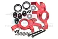 GPM Racing red anodized aluminium oversized steering hubs for RC cars, including bearings, screws, and pins.