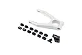 Losi rear swing arm for RC motorcycle with included black plastic inserts and mounting brackets on a white background.