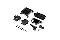 A set of black plastic electronic mounting components and small metal screws for a Losi RC motorcycle, arranged on a white background.