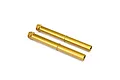 Two gold-anodized metal fork tubes for an RC motorcycle, shown side-by-side against a white background.