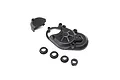 Losi transmission housing parts including a main cover, a small cap, and four black plastic bushings on a white background.