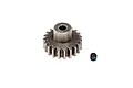 A metal 20-tooth pinion gear with a small grub screw featuring blue thread locker on a white background.