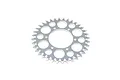 A silver metal RC motorcycle chain sprocket with multiple circular cutouts for weight reduction.