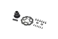 Losi complete front hub assembly kit including a black hub, brake disc, two bearings, and several small black screws on a white background.
