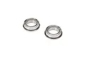 Two metal shielded flanged ball bearings isolated on a white background.