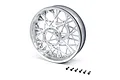 A satin chrome spoked rear wheel rim for a 1/4 scale Losi RC motorcycle, shown with six small black mounting screws on a white background.