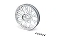 A satin chrome spoked front wheel rim for a 1/4 scale Losi MX motorcycle, shown with six small black mounting screws.