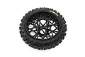 A black Losi 1/4 scale ProMoto-MX rear motorcycle tyre mounted on a black spoked rim with Dunlop branding on the sidewall.