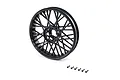 A black spoked front rim for a 1/4 scale Losi RC motorcycle, shown with six small mounting screws on a white background.