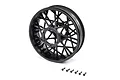 A black Losi 1/4 scale motorcycle rear rim with a complex spoke design, accompanied by six small black hex screws on a white background.