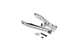 A silver aluminium swing arm for an RC motorcycle, shown with a small mounting plate and two black screws on a white background.