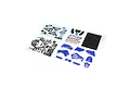 Losi blue plastic body panels and decal sheets for an RC motorcycle, laid out on a white background.