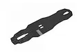 A flat, black carbon fiber RC car chassis plate with multiple mounting holes and cutouts, viewed from an angle against a white background.