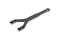A Y-shaped carbon fibre upper deck brace for an RC car, featuring a woven texture and mounting holes at each end.
